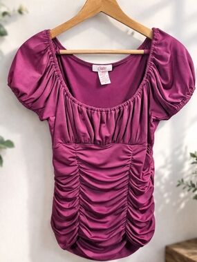 Candie’s Y2K Baby Doll Blouse XL Ruched Stretch Silky Pink Puff Sleeve